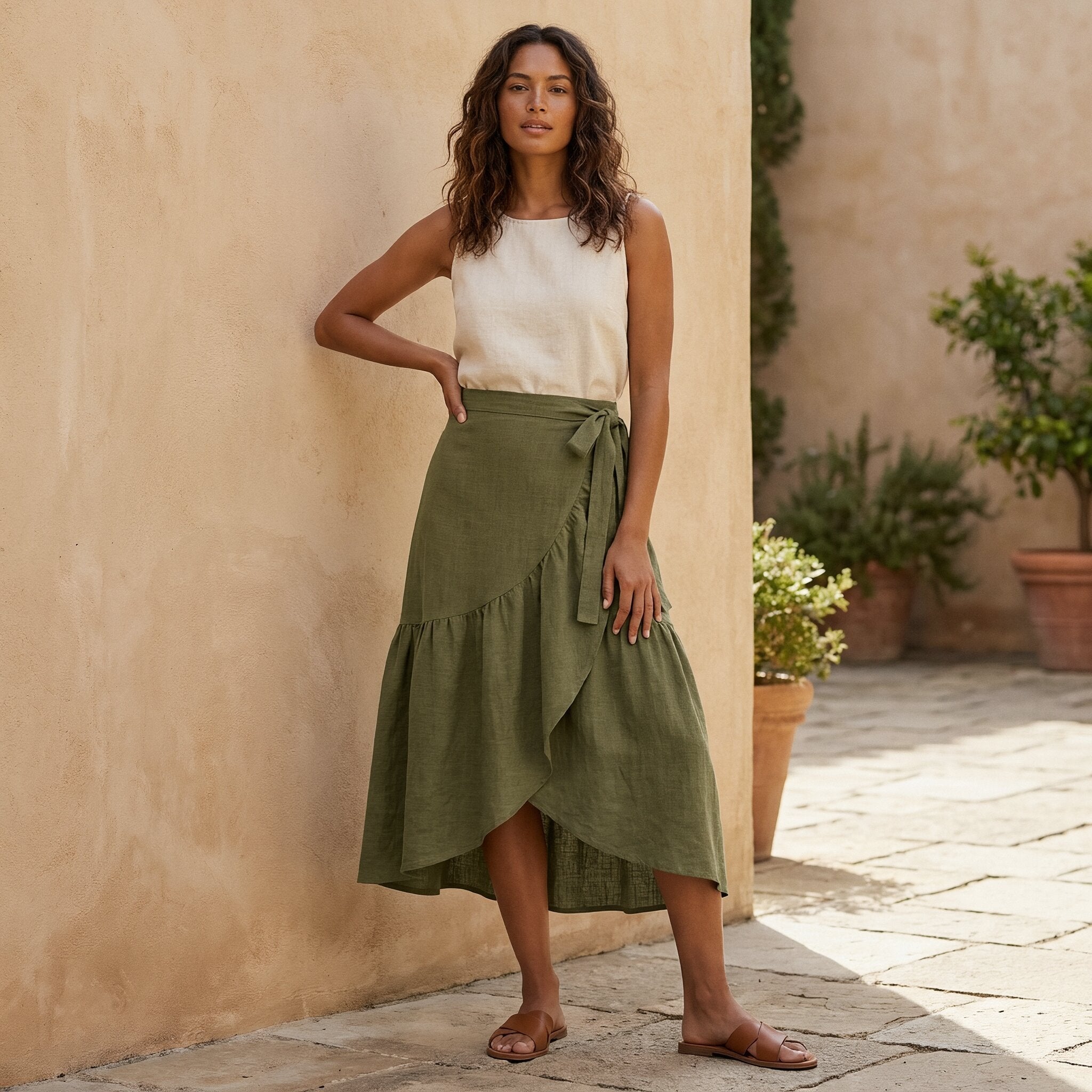 Olive Green Cotton Flax Ruffle Midi Wrap Skirt