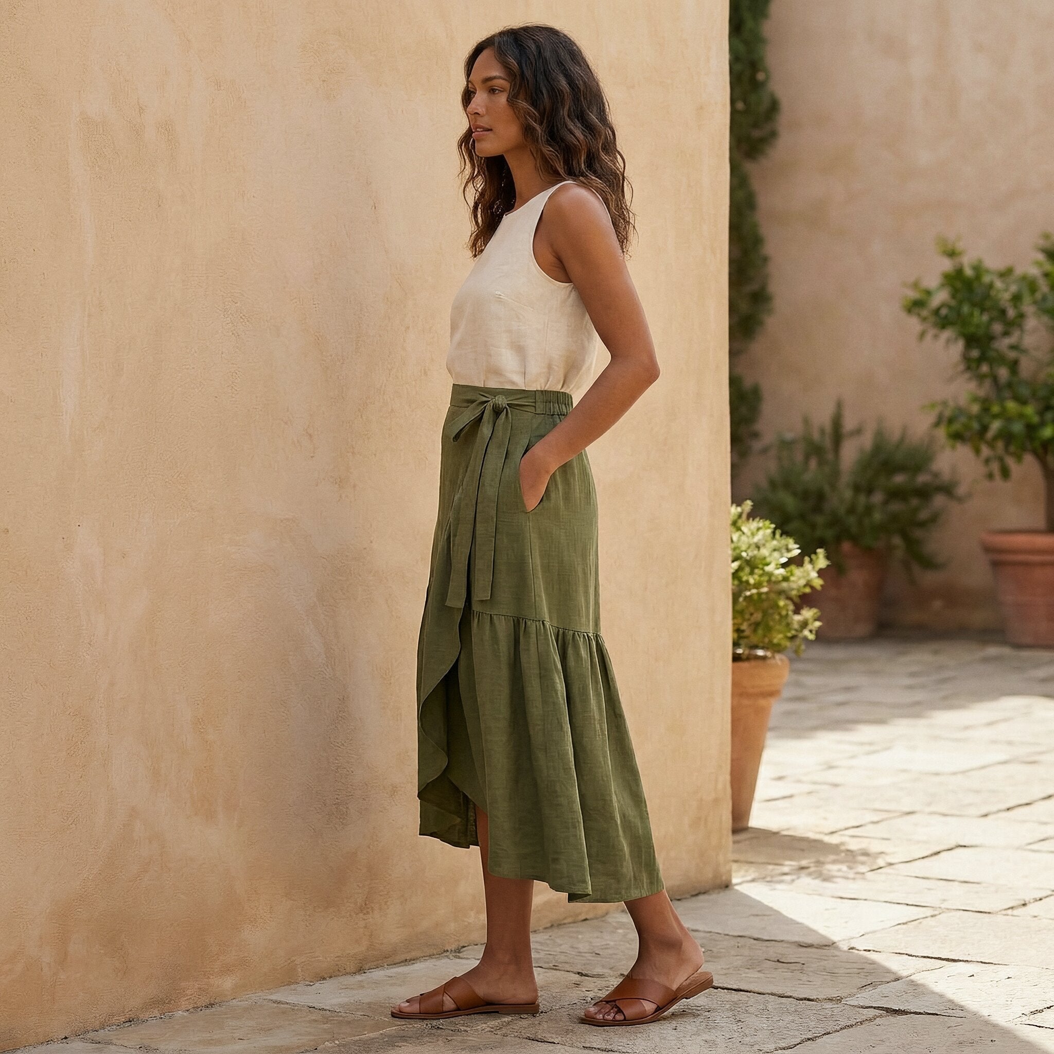 Olive Green Cotton Flax Ruffle Midi Wrap Skirt