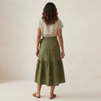 Olive Green Cotton Flax Ruffle Midi Wrap Skirt