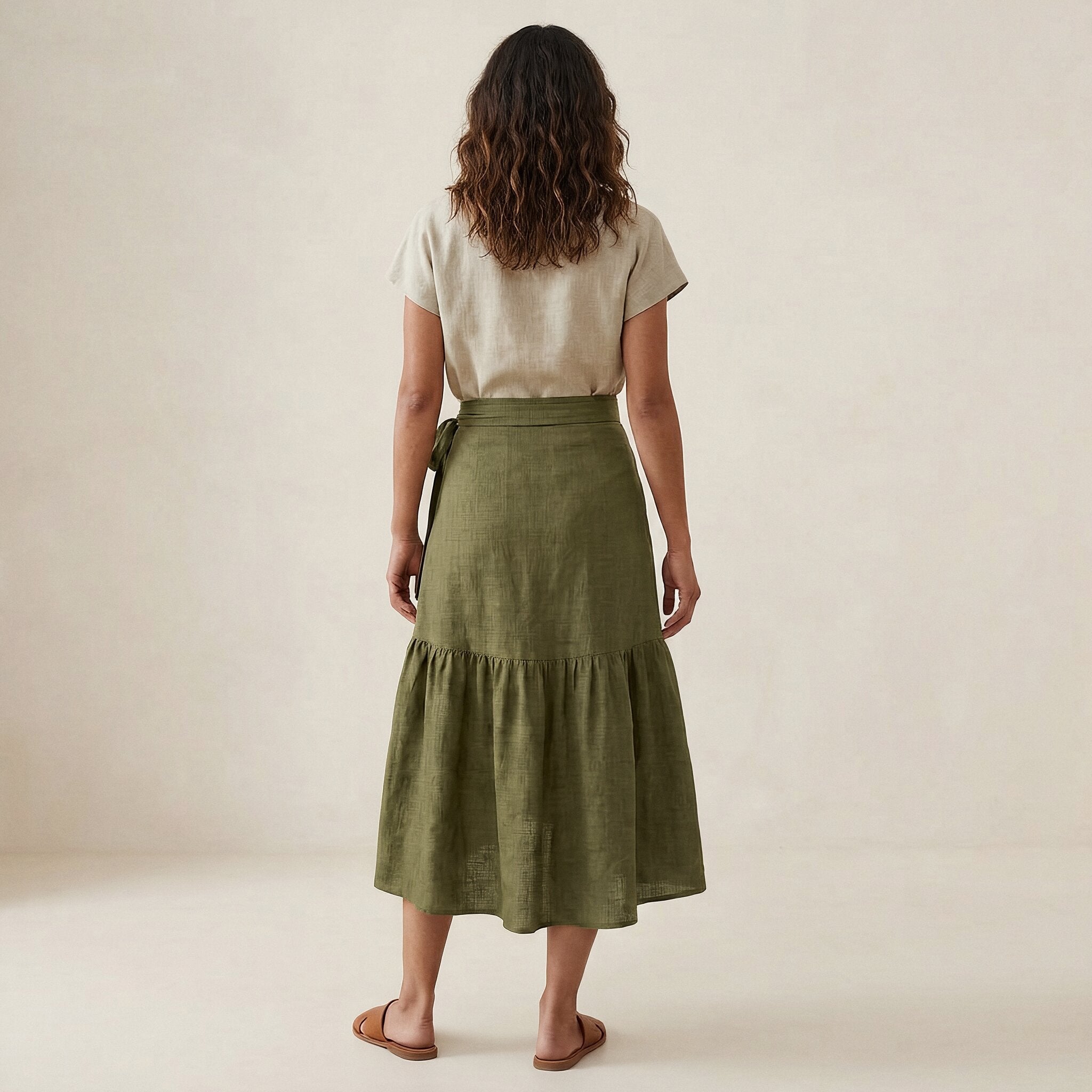 Olive Green Cotton Flax Ruffle Midi Wrap Skirt