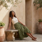 Olive Green Cotton Flax Ruffle Midi Wrap Skirt