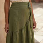 Olive Green Cotton Flax Ruffle Midi Wrap Skirt