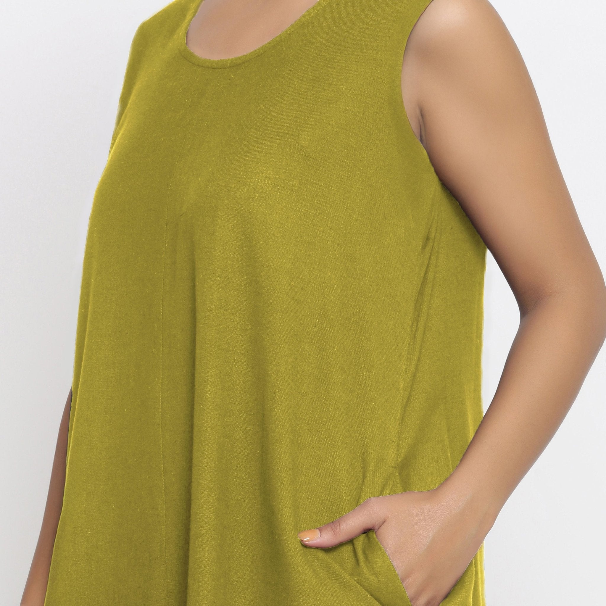 Olive Green Cotton Flax Scoop Neck Sleeveless Maxi Dress