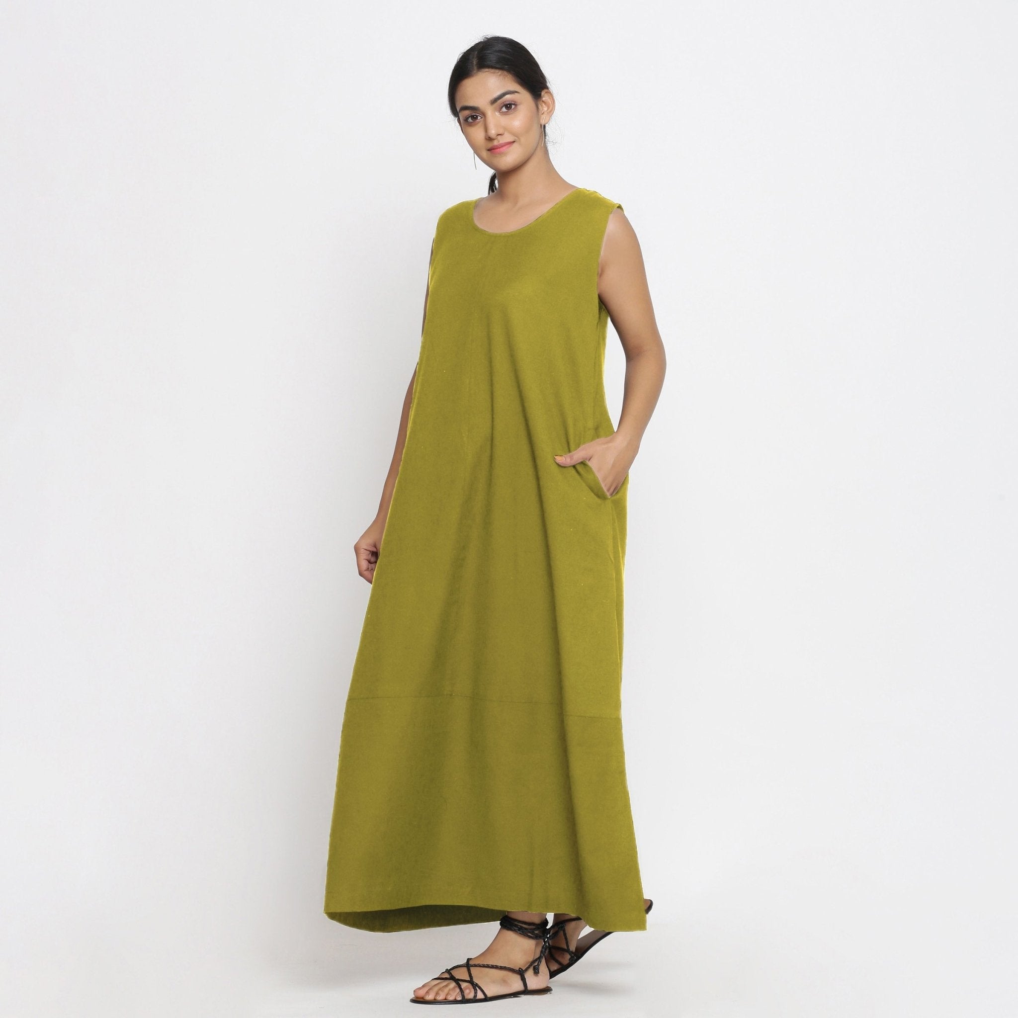 Olive Green Cotton Flax Scoop Neck Sleeveless Maxi Dress