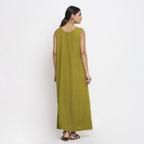 Olive Green Cotton Flax Scoop Neck Sleeveless Maxi Dress