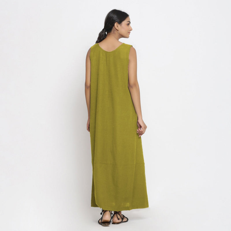 Olive Green Cotton Flax Scoop Neck Sleeveless Maxi Dress