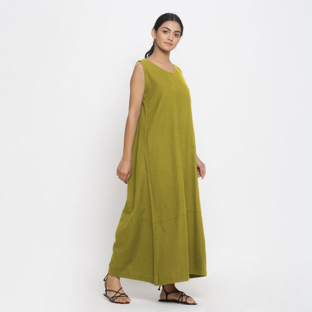 Olive Green Cotton Flax Scoop Neck Sleeveless Maxi Dress