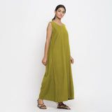 Olive Green Cotton Flax Scoop Neck Sleeveless Maxi Dress
