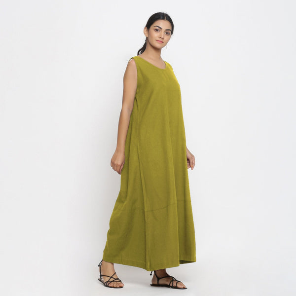 Olive Green Cotton Flax Scoop Neck Sleeveless Maxi Dress