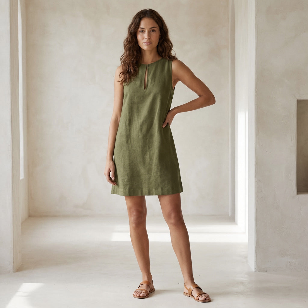 Olive Green Cotton Flax Sleeveless A-Line Short Shift Dress
