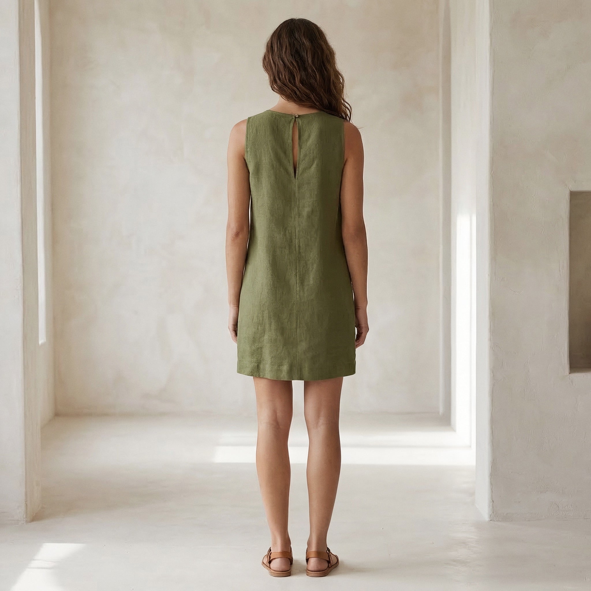 Olive Green Cotton Flax Sleeveless A-Line Short Shift Dress