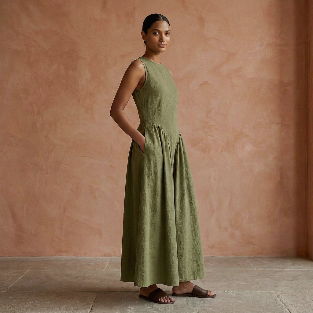 Olive Green Cotton Flax Sleeveless Paneled Maxi Dress