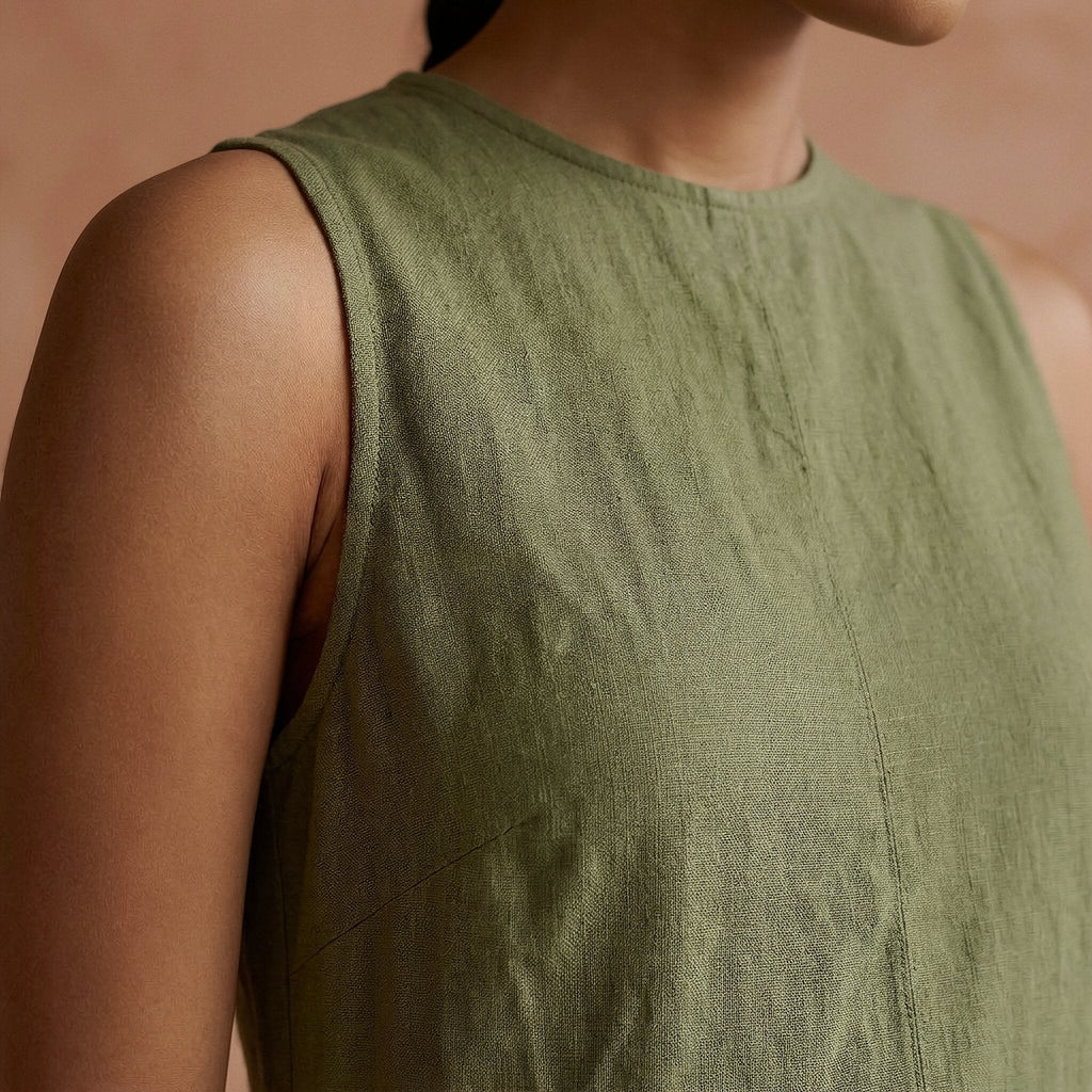 Olive Green Cotton Flax Sleeveless Paneled Maxi Dress