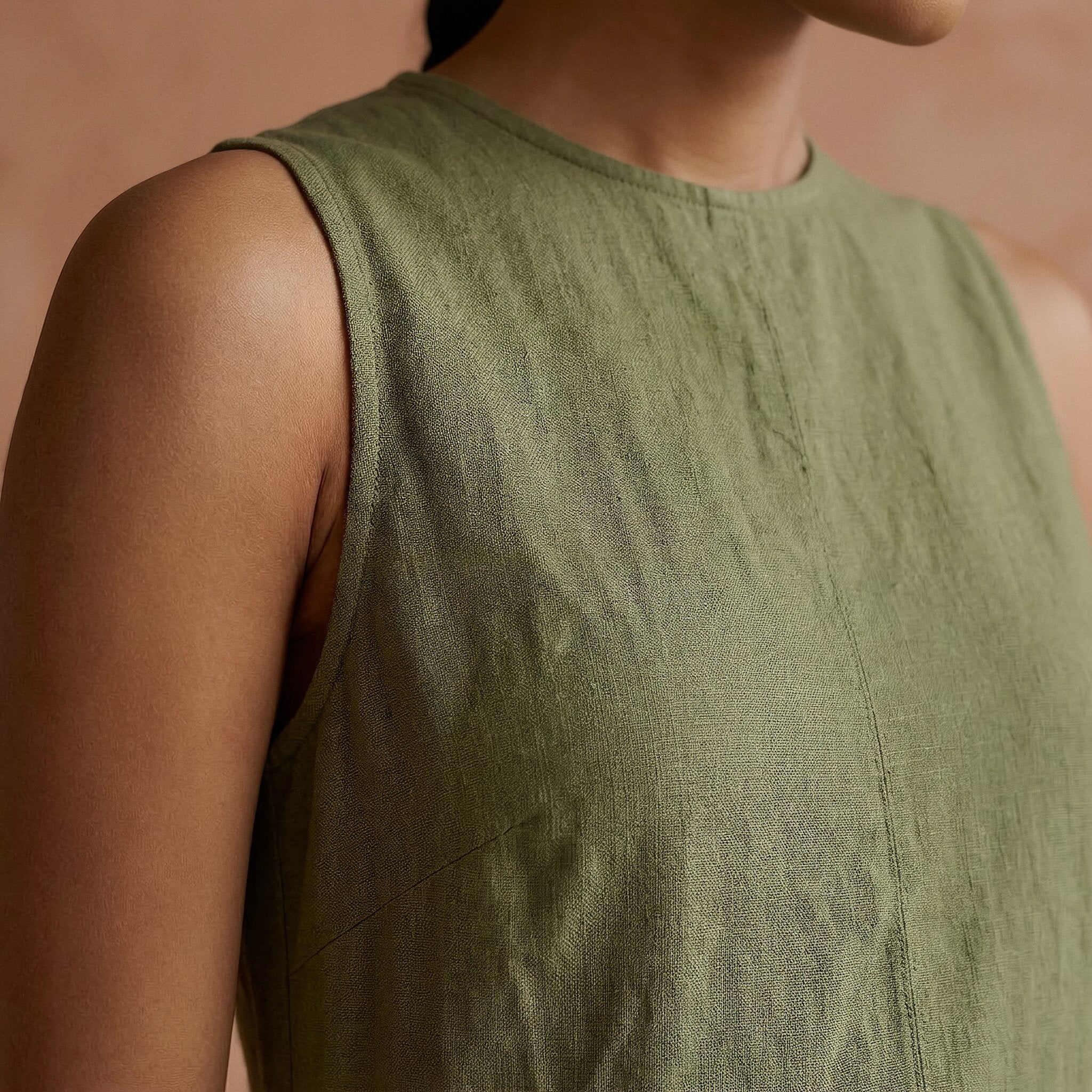 Olive Green Cotton Flax Sleeveless Paneled Maxi Dress