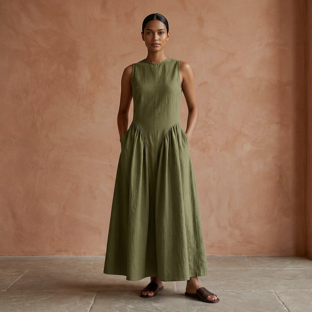 Olive Green Cotton Flax Sleeveless Paneled Maxi Dress