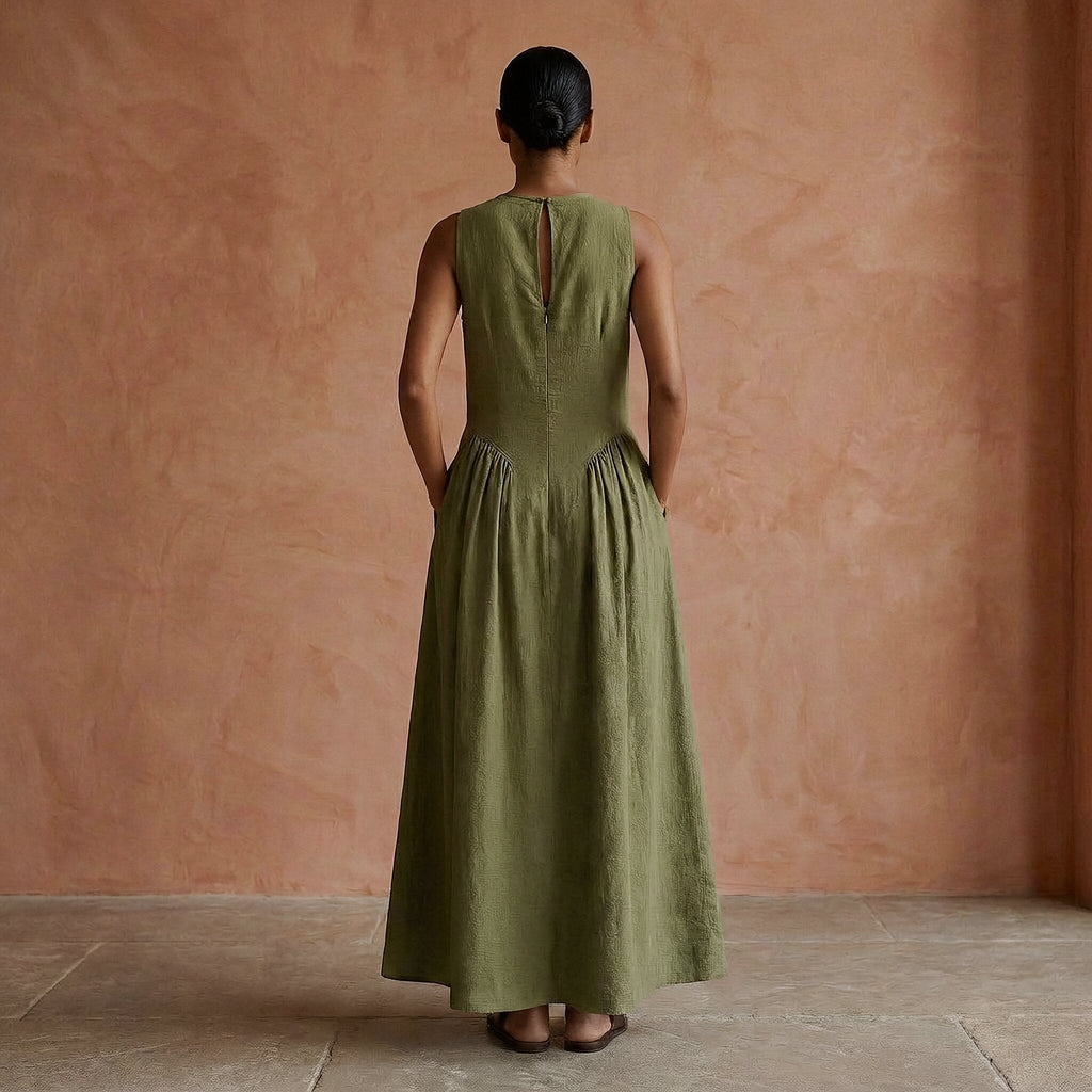 Olive Green Cotton Flax Sleeveless Paneled Maxi Dress