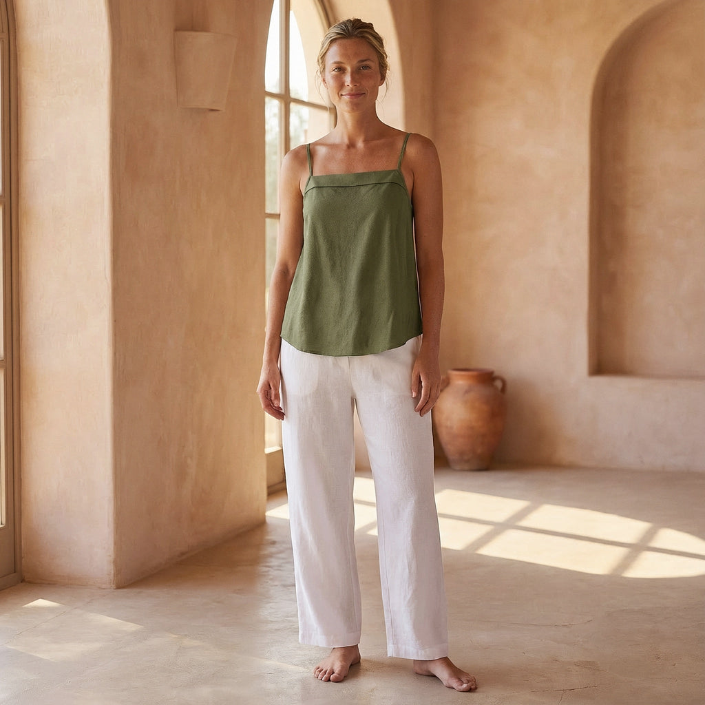Olive Green Cotton Flax Spaghetti Strap Top with Elastic Gathered Back