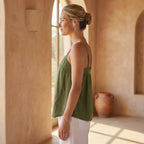 Olive Green Cotton Flax Spaghetti Strap Top with Elastic Gathered Back