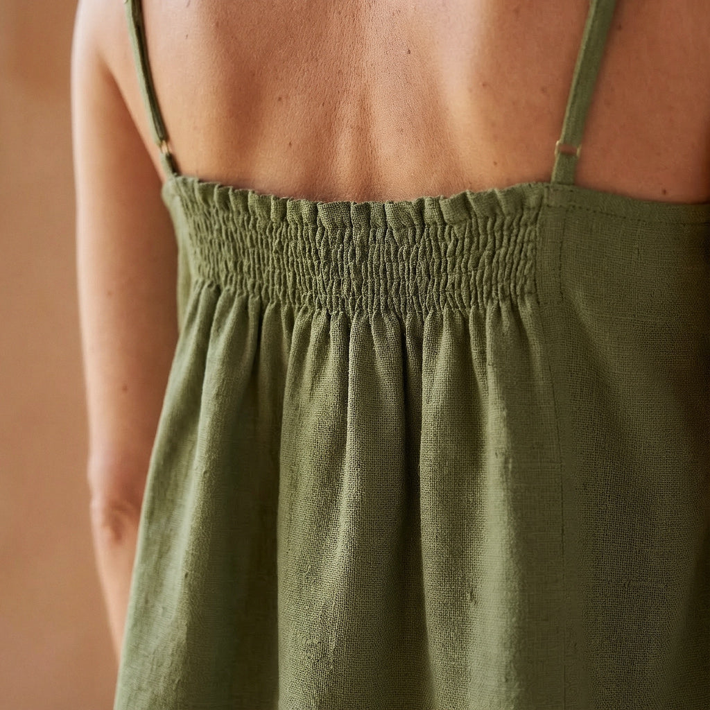 Olive Green Cotton Flax Spaghetti Strap Top with Elastic Gathered Back