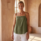 Olive Green Cotton Flax Spaghetti Strap Top with Elastic Gathered Back