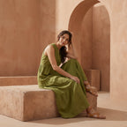 Olive Green Cotton Flax V-Neck Maxi Tier Dress
