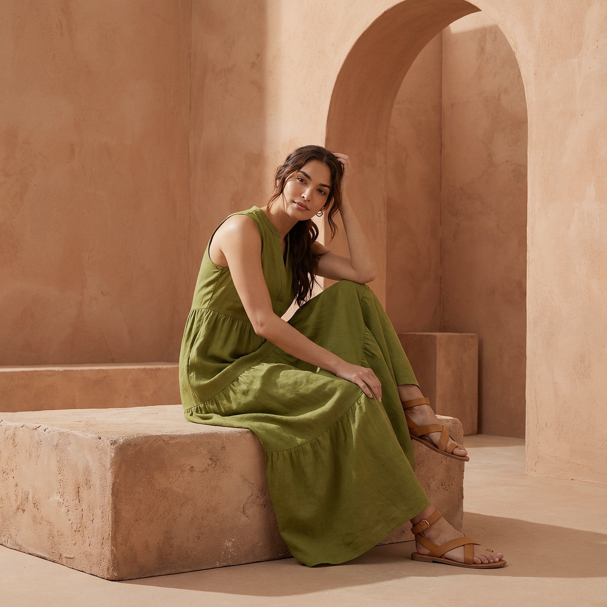 Olive Green Cotton Flax V-Neck Maxi Tier Dress