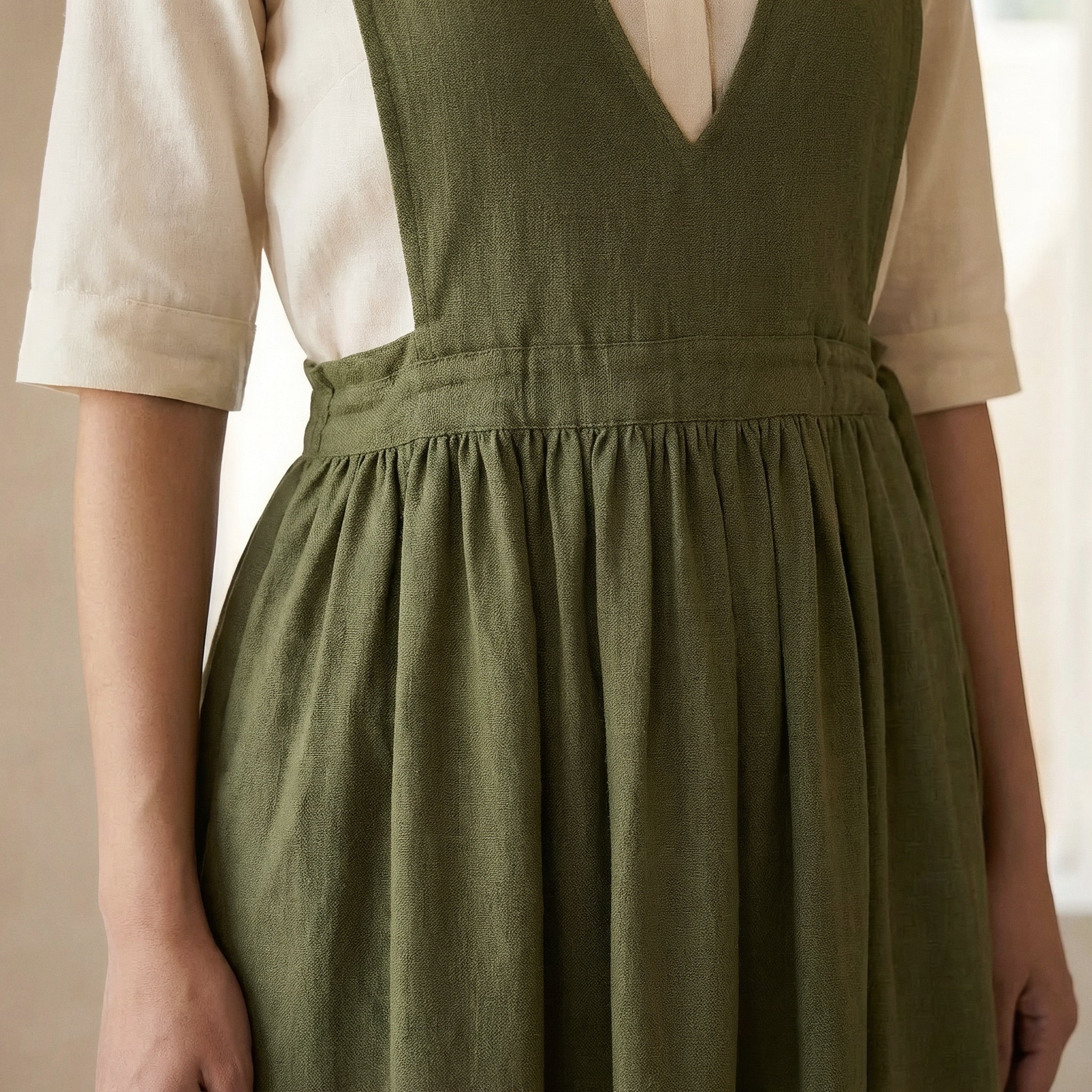 Olive Green Cotton Flax V-Neck Pinafore Midi Wrap Dress