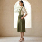 Olive Green Cotton Flax V-Neck Pinafore Midi Wrap Dress