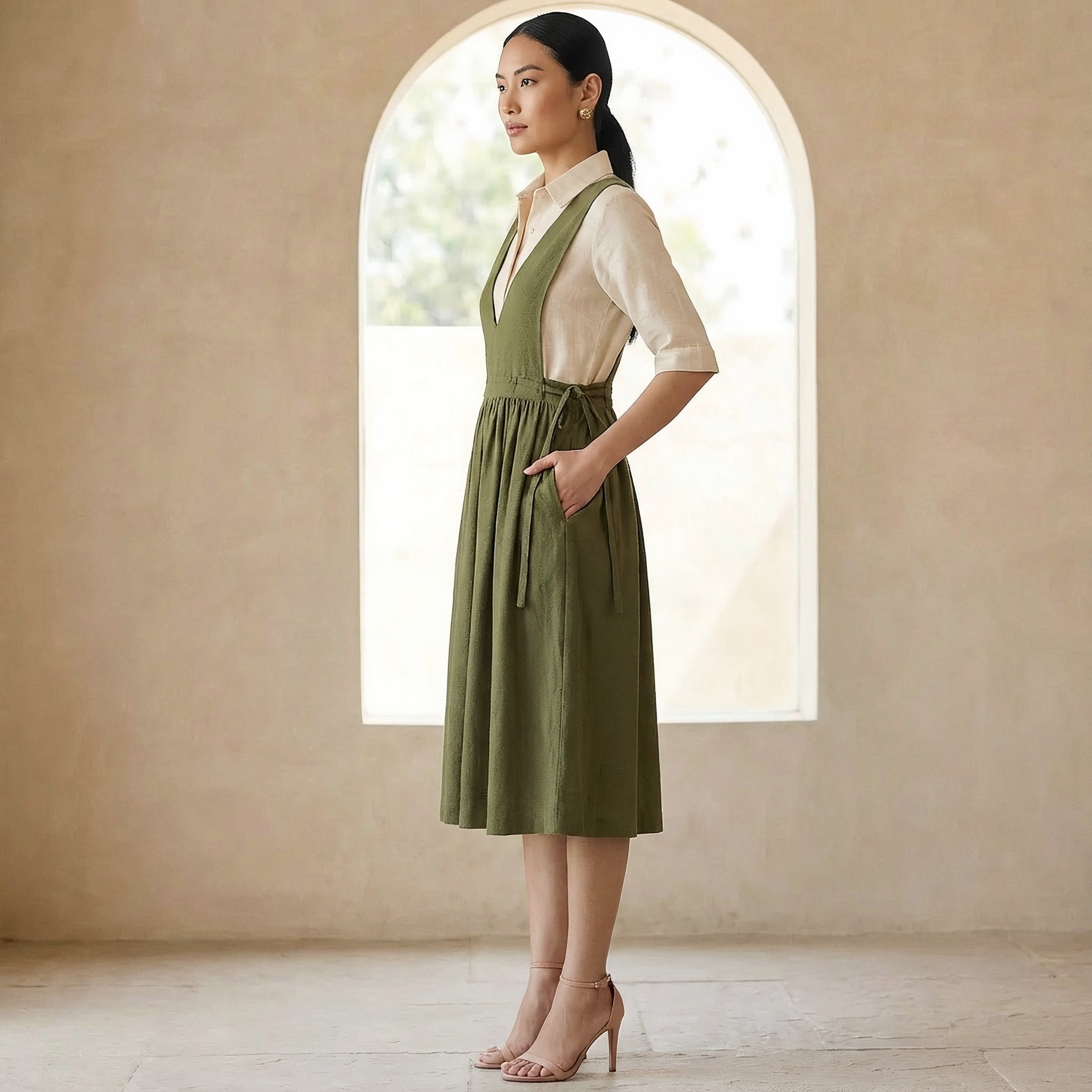 Olive Green Cotton Flax V-Neck Pinafore Midi Wrap Dress