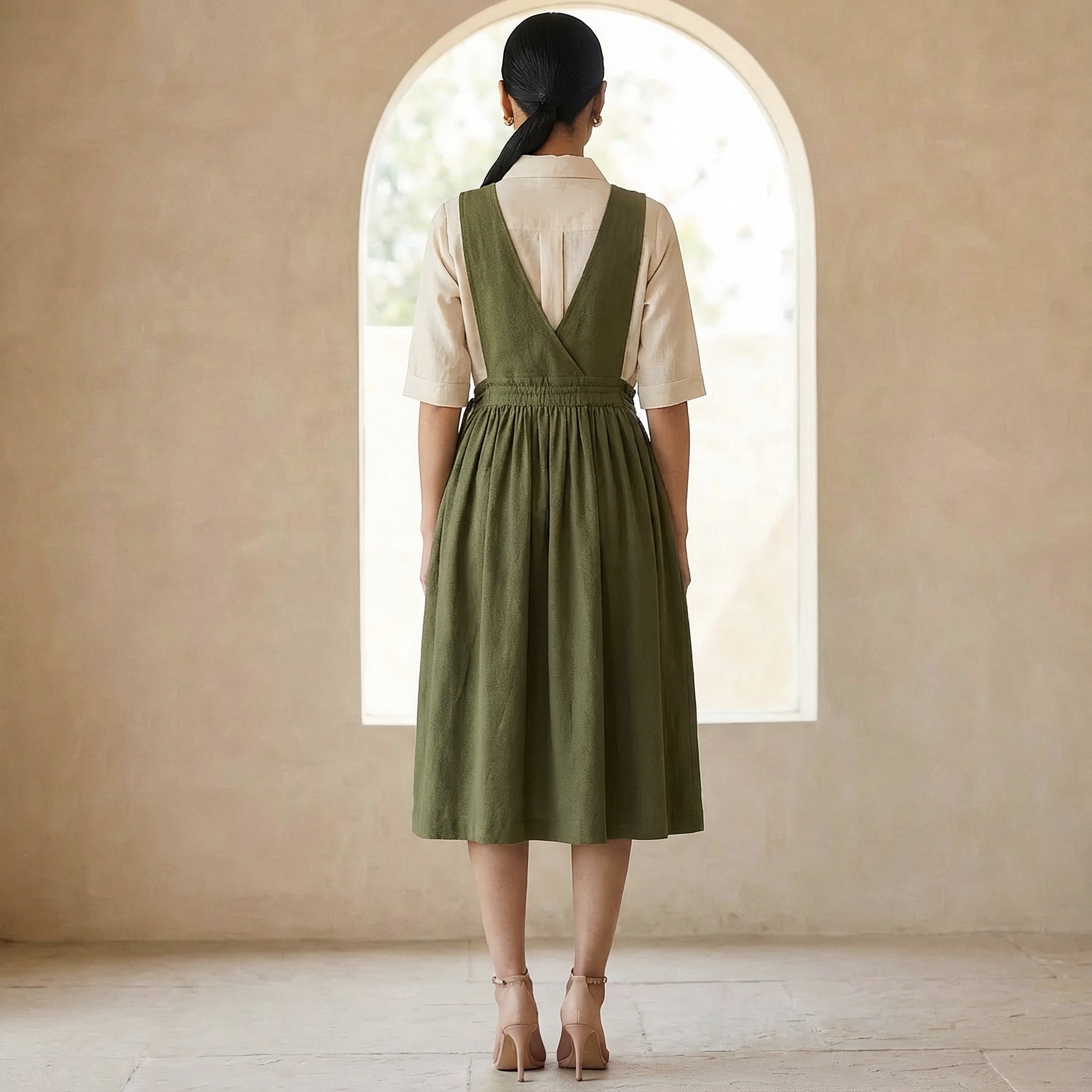 Olive Green Cotton Flax V-Neck Pinafore Midi Wrap Dress