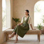Olive Green Cotton Flax V-Neck Pinafore Midi Wrap Dress