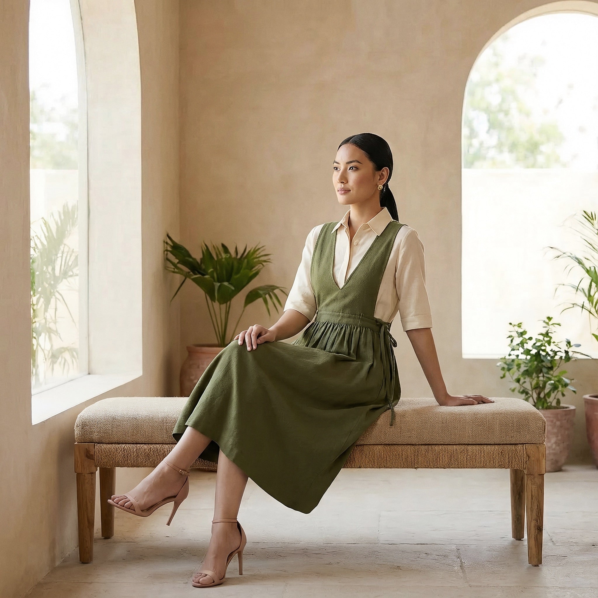 Olive Green Cotton Flax V-Neck Pinafore Midi Wrap Dress
