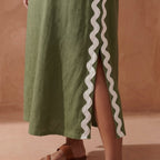 Olive Green Cotton Flax Wavy Stripe Maxi Shift Dress