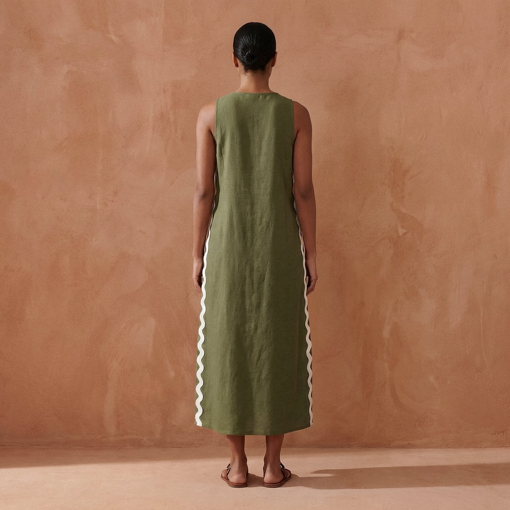 Olive Green Cotton Flax Wavy Stripe Maxi Shift Dress