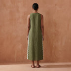 Olive Green Cotton Flax Wavy Stripe Maxi Shift Dress