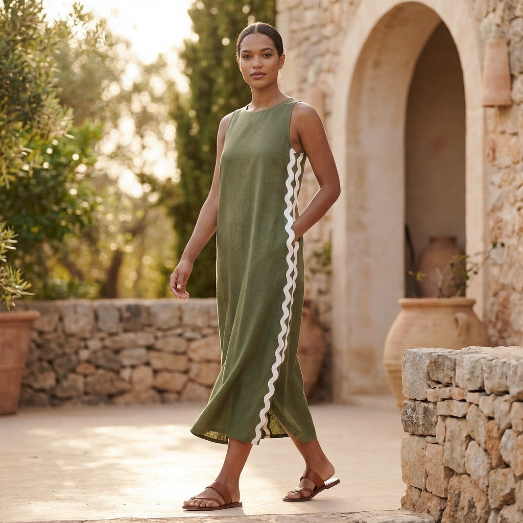 Olive Green Cotton Flax Wavy Stripe Maxi Shift Dress