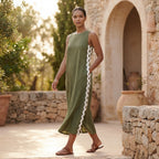 Olive Green Cotton Flax Wavy Stripe Maxi Shift Dress