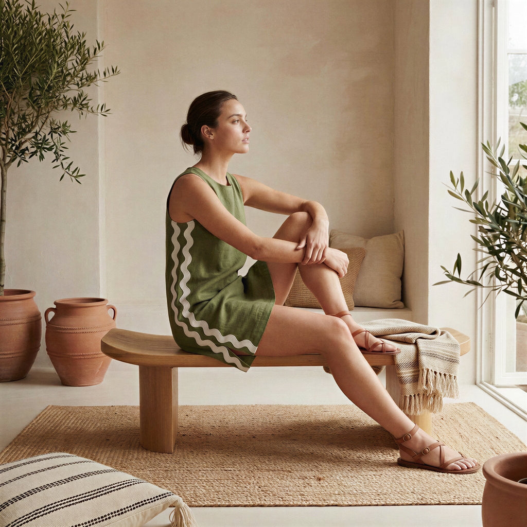 Olive Green Cotton Flax Wavy Stripe Short Shift Dress
