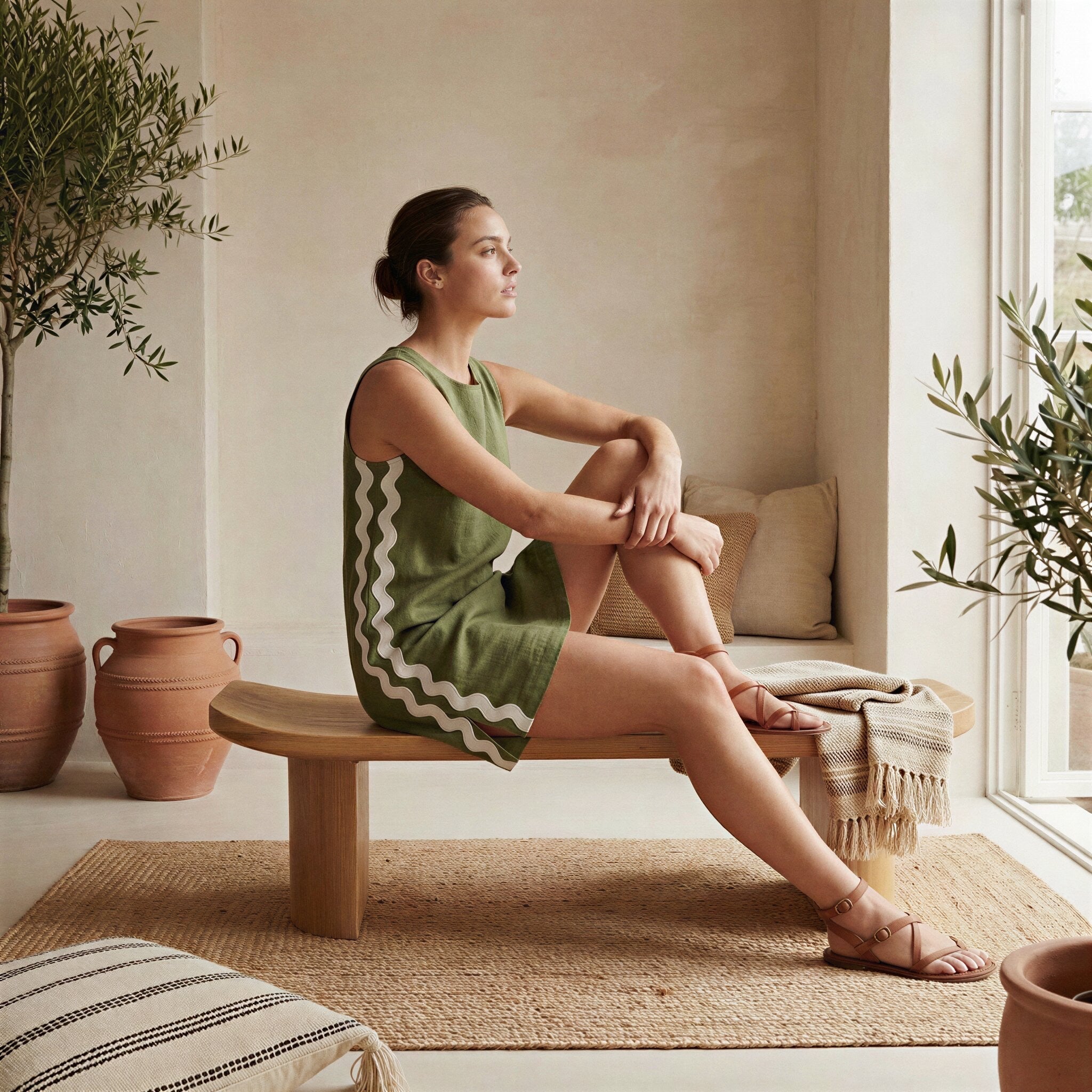 Olive Green Cotton Flax Wavy Stripe Short Shift Dress