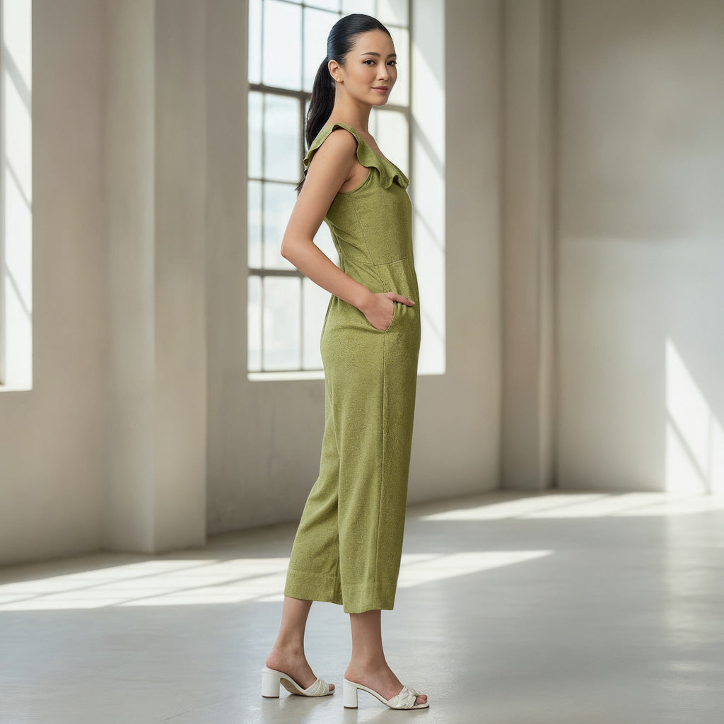 Olive Green Cotton Frilled Square Neck Midi Jumpsuit
