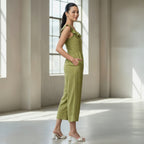 Olive Green Cotton Frilled Square Neck Midi Jumpsuit