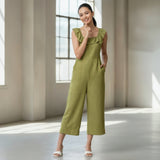 Olive Green Cotton Frilled Square Neck Midi Jumpsuit