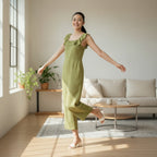 Olive Green Cotton Frilled Square Neck Midi Jumpsuit