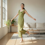 Olive Green Cotton Frilled Square Neck Midi Jumpsuit