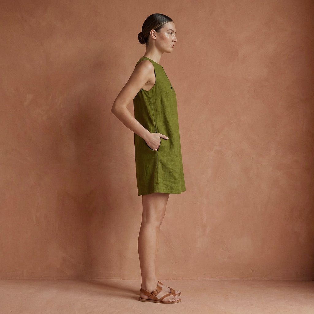 Olive Green Cotton Sleeveless A-Line Short Shift Dress
