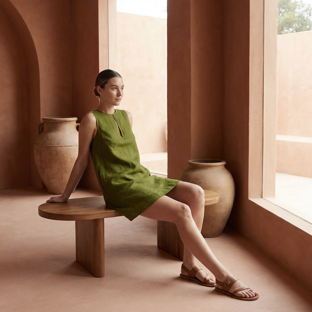 Olive Green Cotton Sleeveless A-Line Short Shift Dress