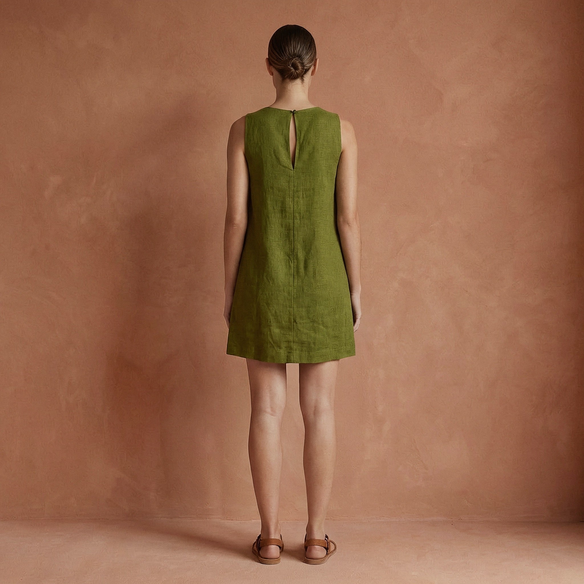 Olive Green Cotton Sleeveless A-Line Short Shift Dress