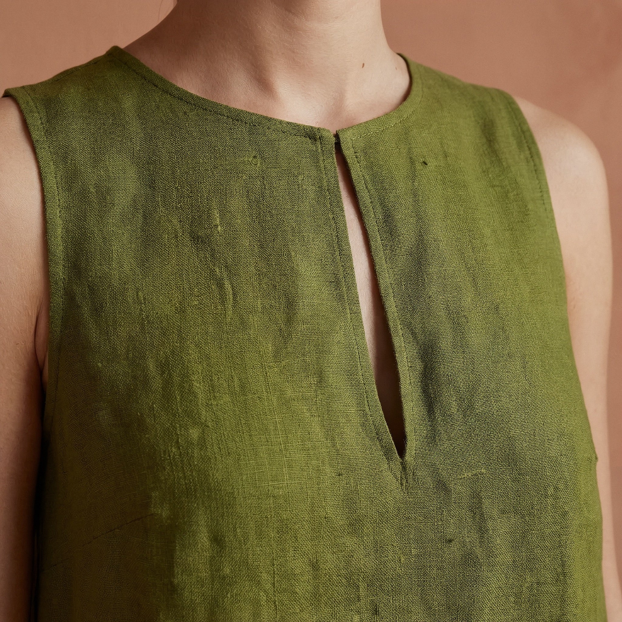 Olive Green Cotton Sleeveless A-Line Short Shift Dress