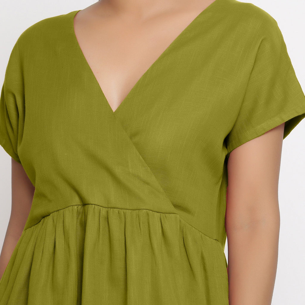 Front Detail of a Model wearing Olive Green Cotton Solid Wrap Dress