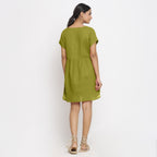 Back View of a Model wearing Olive Green Cotton Solid Wrap Dress